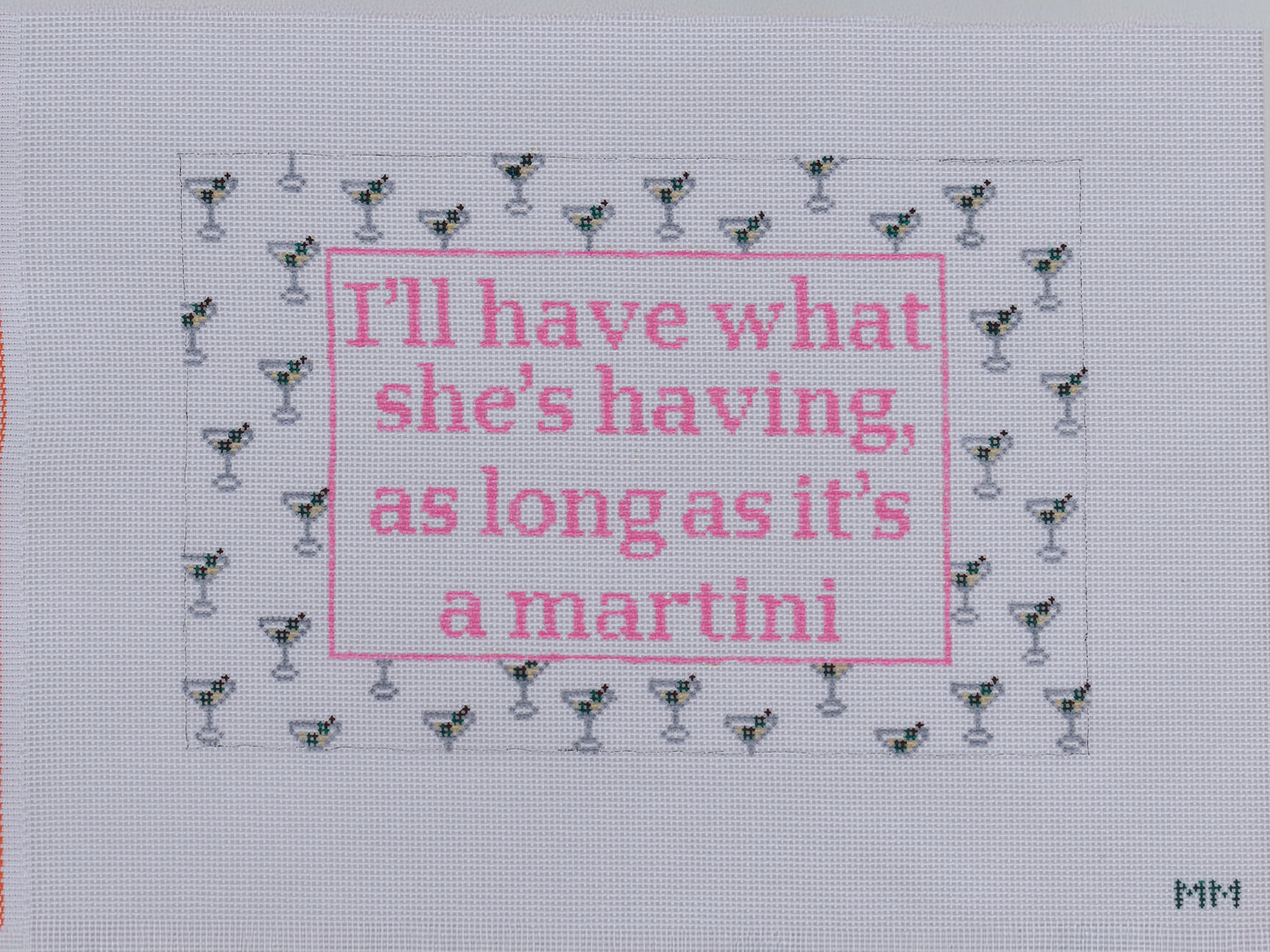Hand-painted I'll Have What She's Having needlepoint canvas with a dirty martini illustration on 13 mesh, 12 by 8 inches, by Maddie Moo Needlepoint.