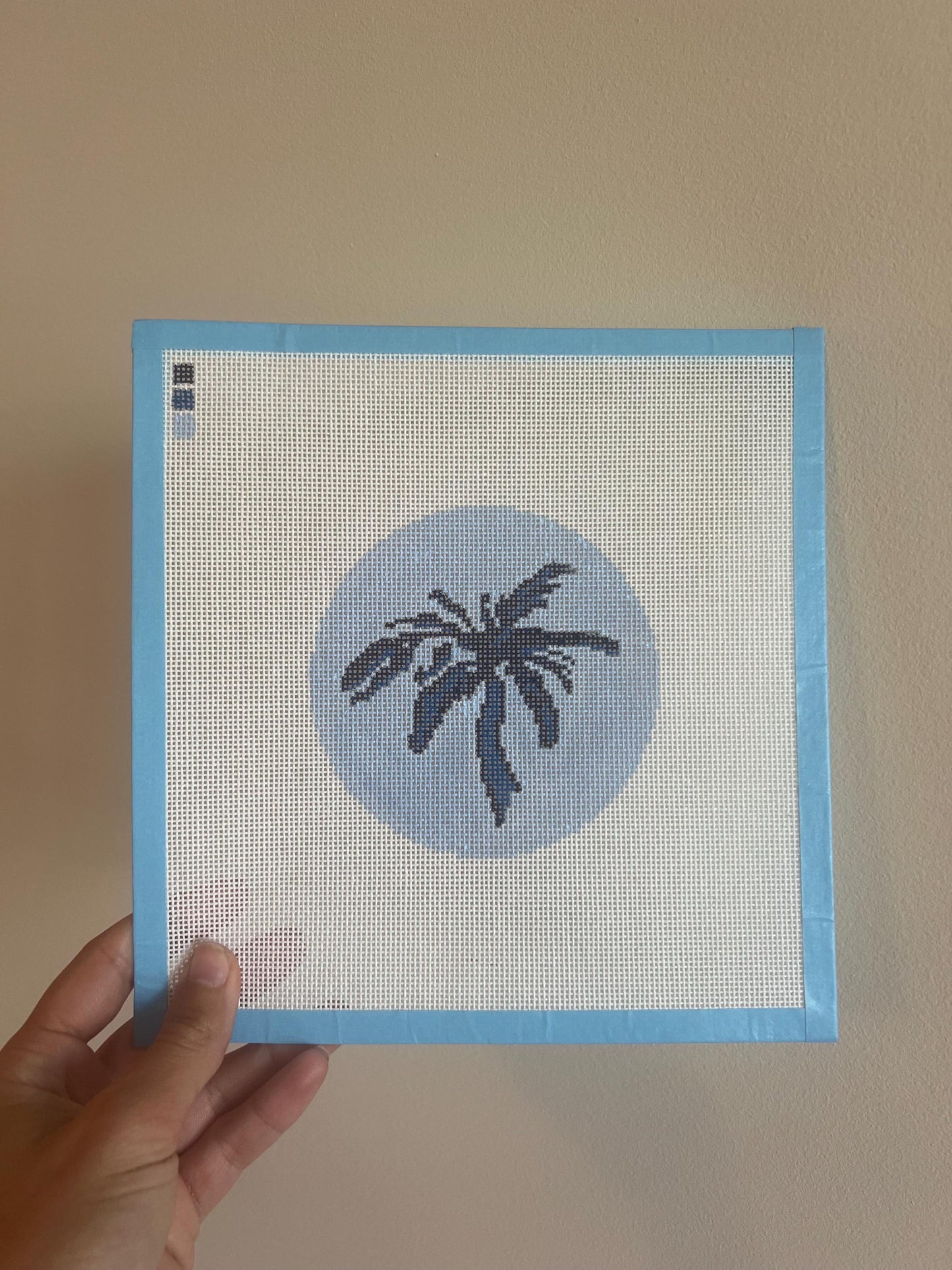 Blue Skies & Backsides – Palm Tree Needlepoint Canvas (4" Round, 18 Mesh, Optional Kit)