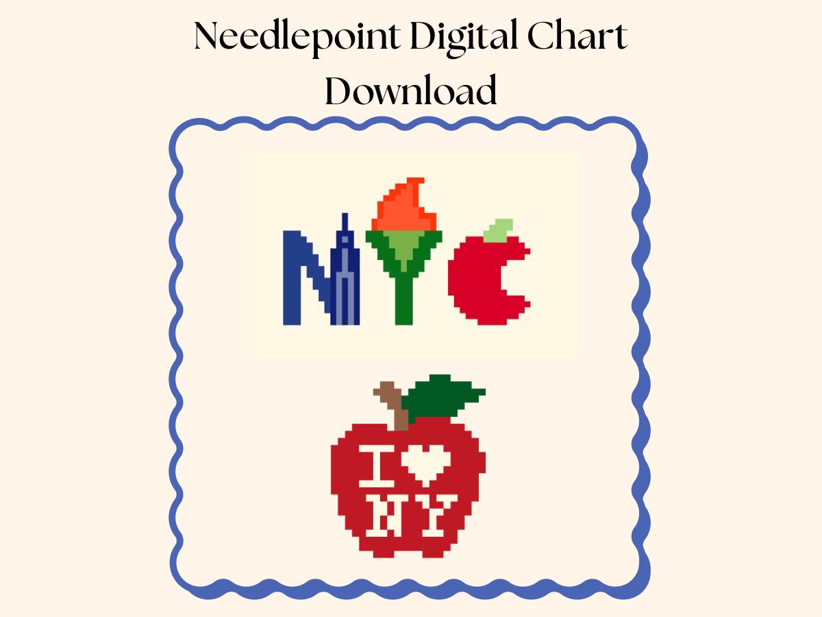 NYC Needlepoint Digital Chart Bundle | 13 Mesh Download | I Heart NY Apple + NYC Luggage Tag | Beginner Big Apple Travel Needlepoint Pattern