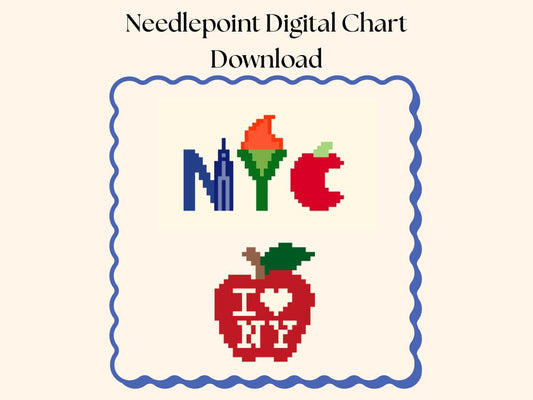 NYC Needlepoint Digital Chart Bundle | 13 Mesh Download | I Heart NY Apple + NYC Luggage Tag | Beginner Big Apple Travel Needlepoint Pattern
