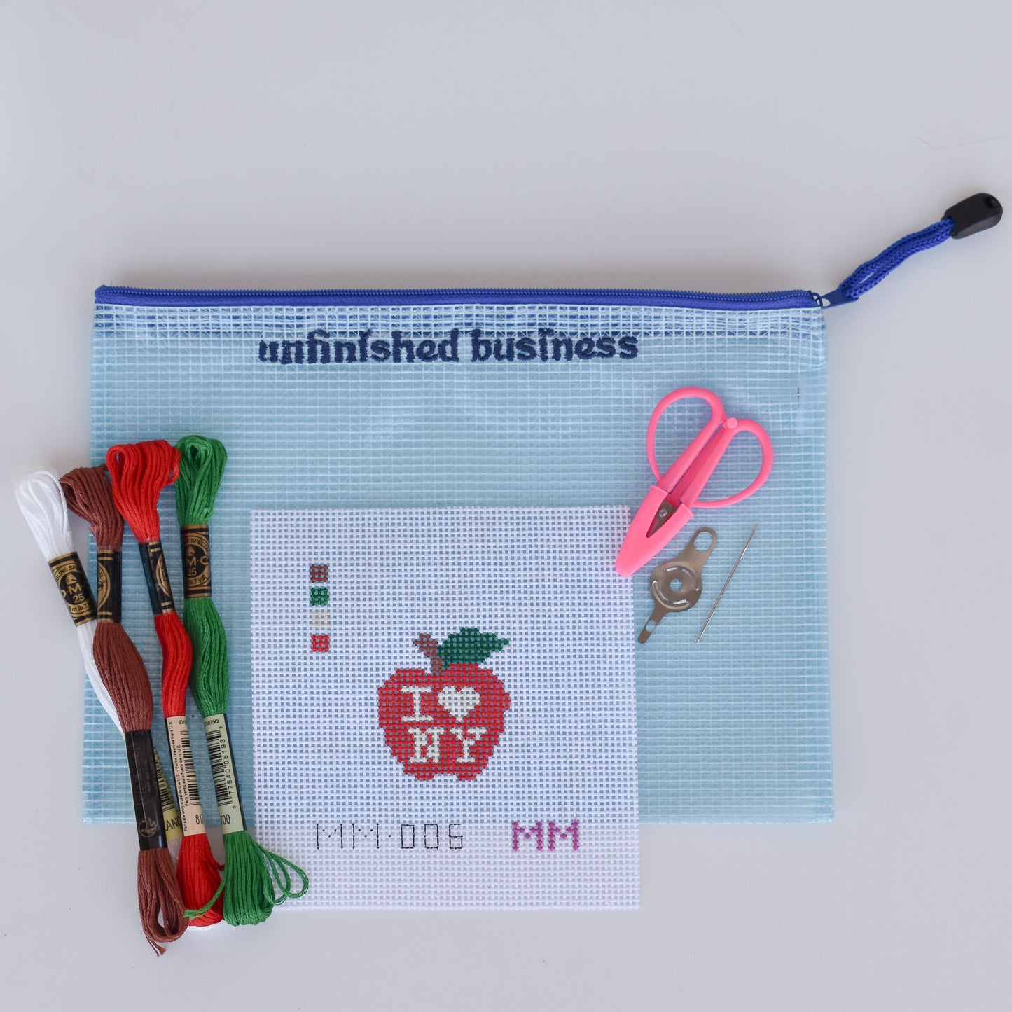 Unfinished Business Mesh Project Bag – Needlepoint Zipper Pouch