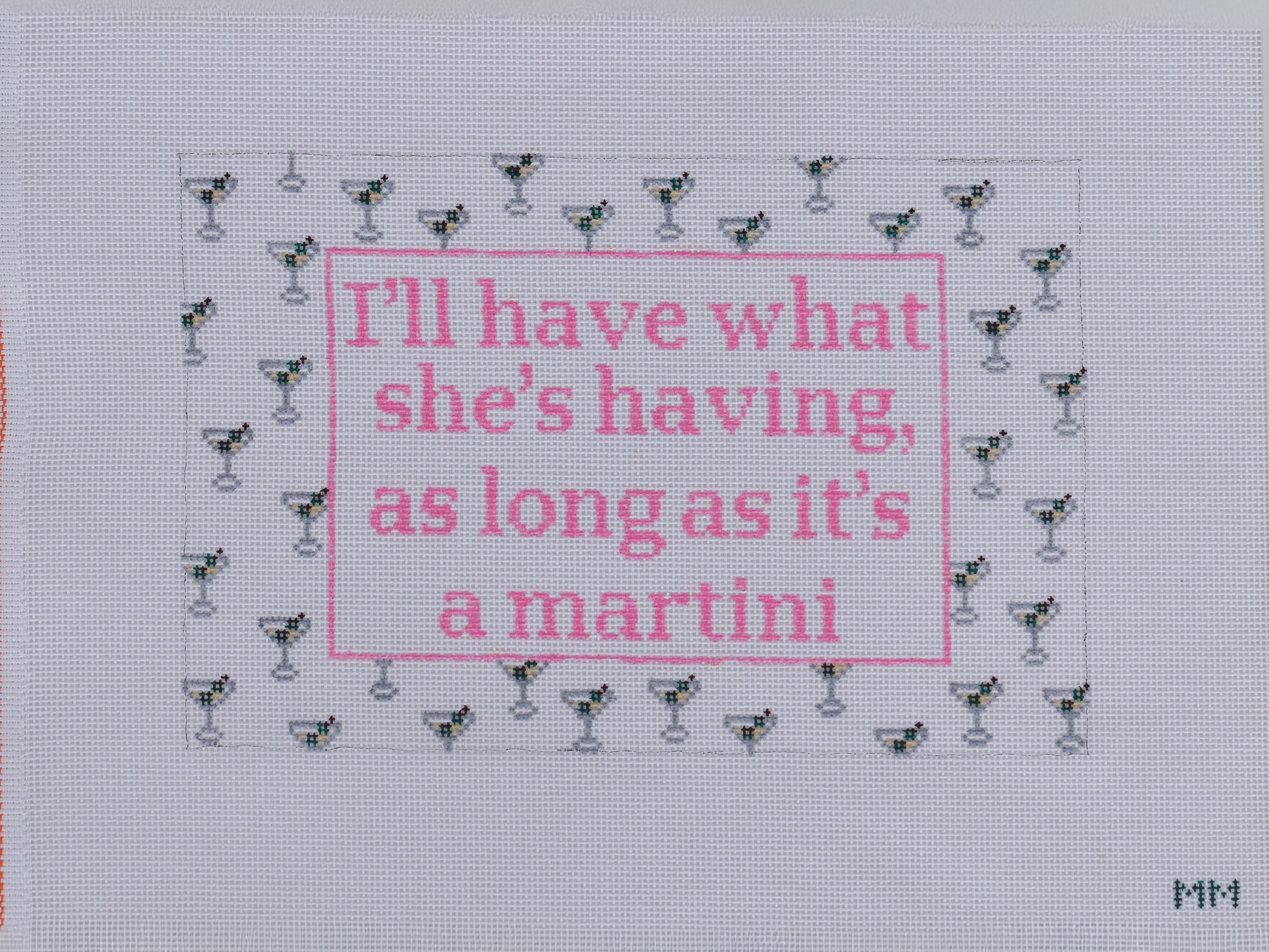 Hand-painted I'll Have What She's Having needlepoint canvas with a dirty martini illustration on 13 mesh, 12 by 8 inches, by Maddie Moo Needlepoint.