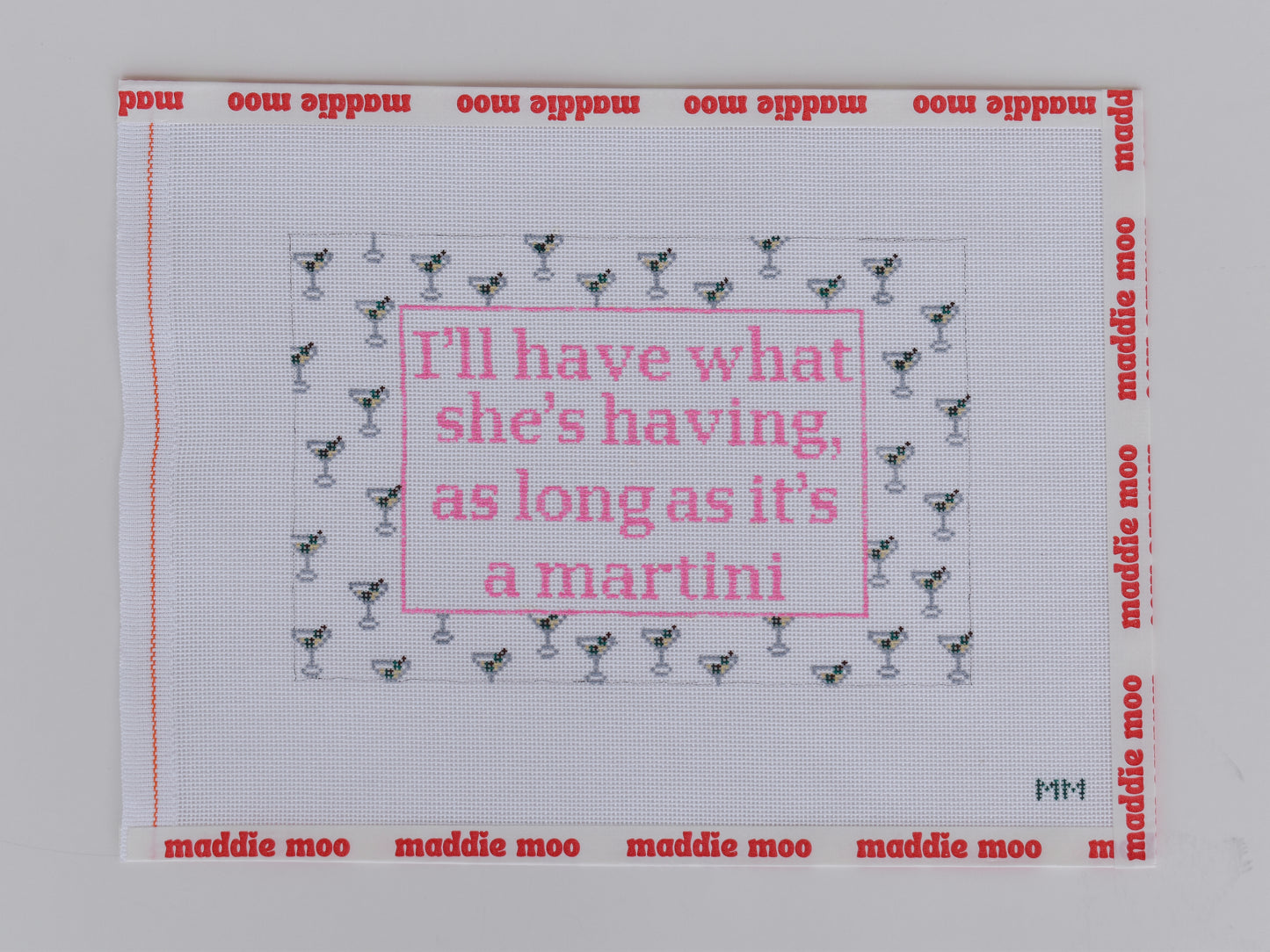 Hand-painted I'll Have What She's Having needlepoint canvas with a dirty martini illustration on 13 mesh, 12 by 8 inches, by Maddie Moo Needlepoint.