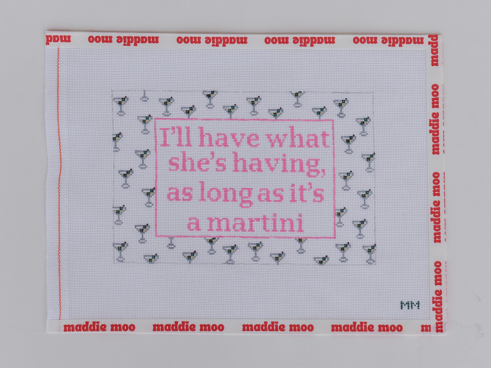 Hand-painted I'll Have What She's Having needlepoint canvas with a dirty martini illustration on 13 mesh, 12 by 8 inches, by Maddie Moo Needlepoint.