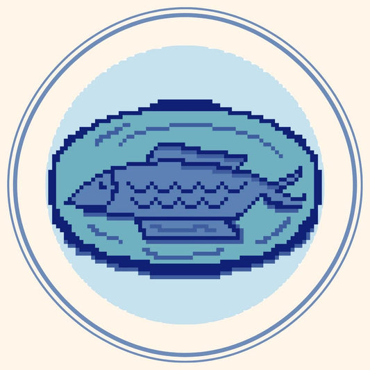 Blue Skies & Backsides - Digital Download – Grilled Fish Needlepoint Chart (4" Round, 18 Mesh, DMC)