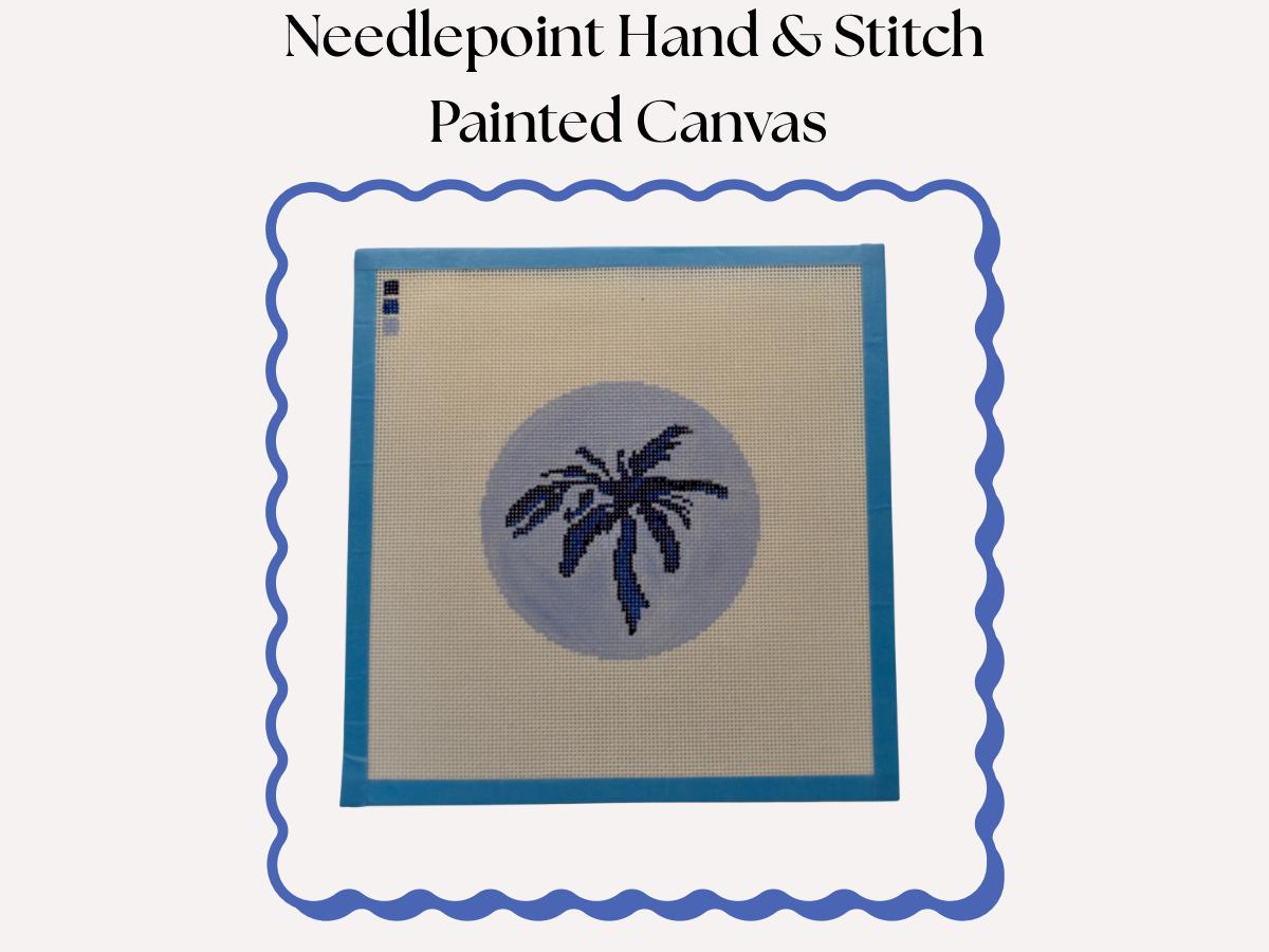 Blue Skies & Backsides – Palm Tree Needlepoint Canvas (4" Round, 18 Mesh, Optional Kit)