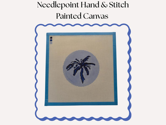 Blue Skies & Backsides – Palm Tree Needlepoint Canvas (4" Round, 18 Mesh, Optional Kit)